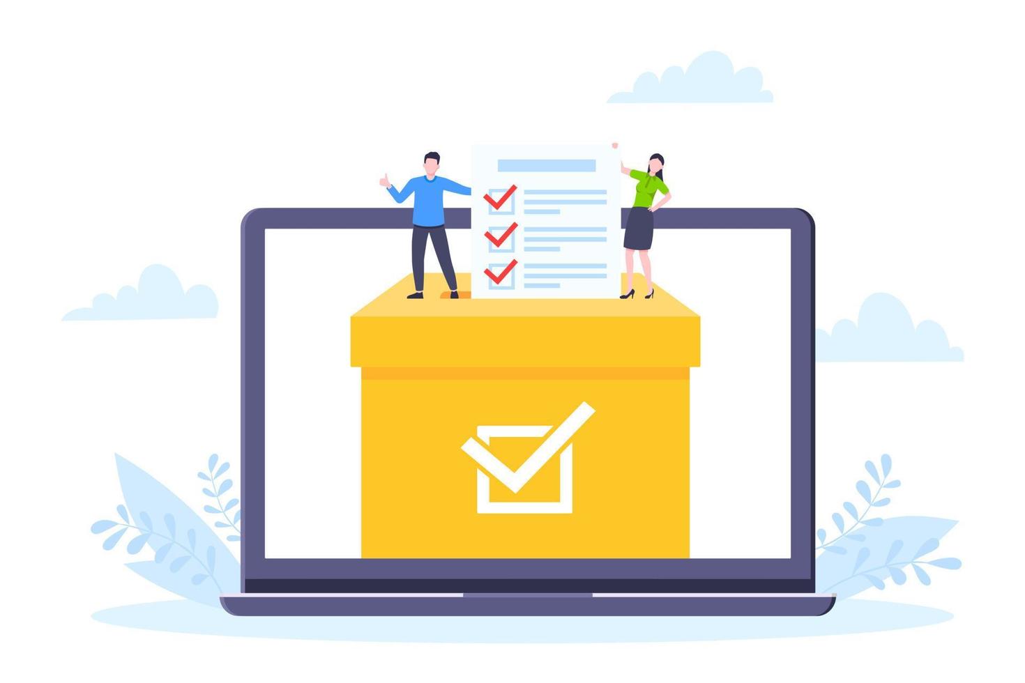 Online voting concept flat style design vector illustration. Tiny people with voting poll online survey working together.