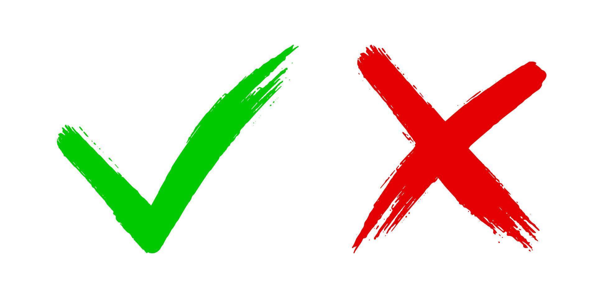 Two dirty grunge hand drawn brush strokes cross x and tick v OK check mark vector illustration isolated on white background.