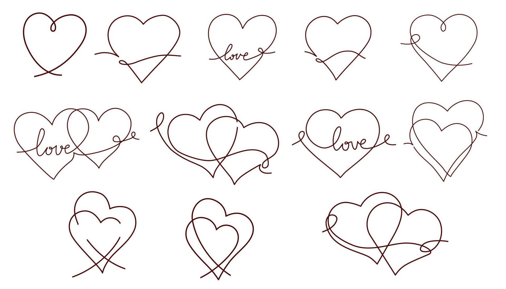 One continuous drawing of two hearts and love sign collection. Divider shape with romantic symbol in simple linear style. Banner, Poster, Card Design Template. Editable stroke. Vector illustration