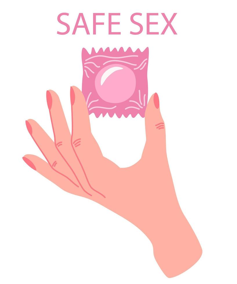 la mano de la mujer sostiene un condón empacado. sexo seguro anticoncepción, concepto de educación sexual para banner, diseño de sitio web o página web de destino. Ilustración de vector plano moderno sobre fondo blanco.