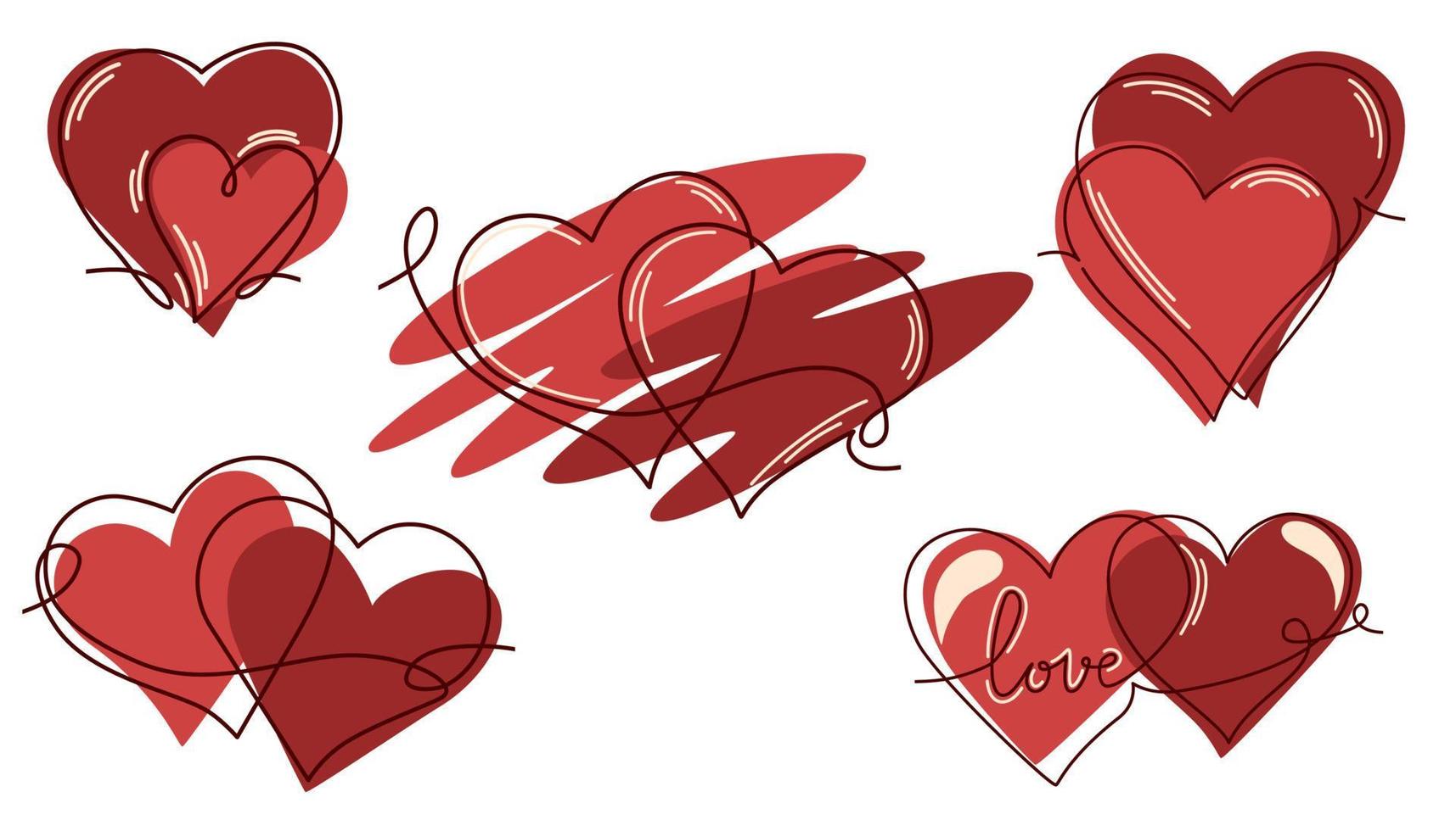 un dibujo continuo de dos corazones y una colección de signos de amor. forma divisoria con símbolo romántico en estilo lineal simple. banner, póster, plantilla de diseño de tarjeta. trazo editable. ilustración vectorial vector