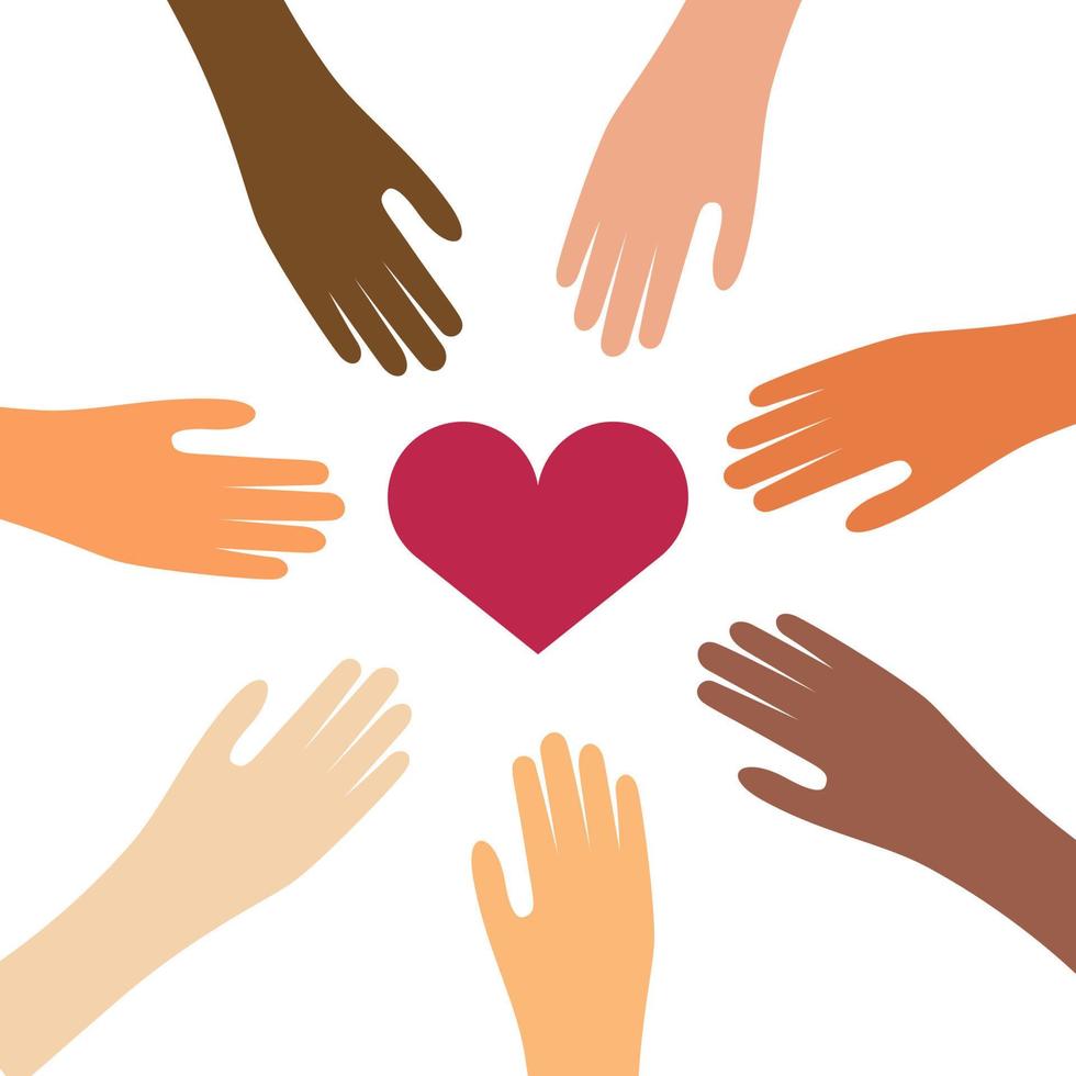 People hands of different skin colors with hearts for charity donation. Vector illustration