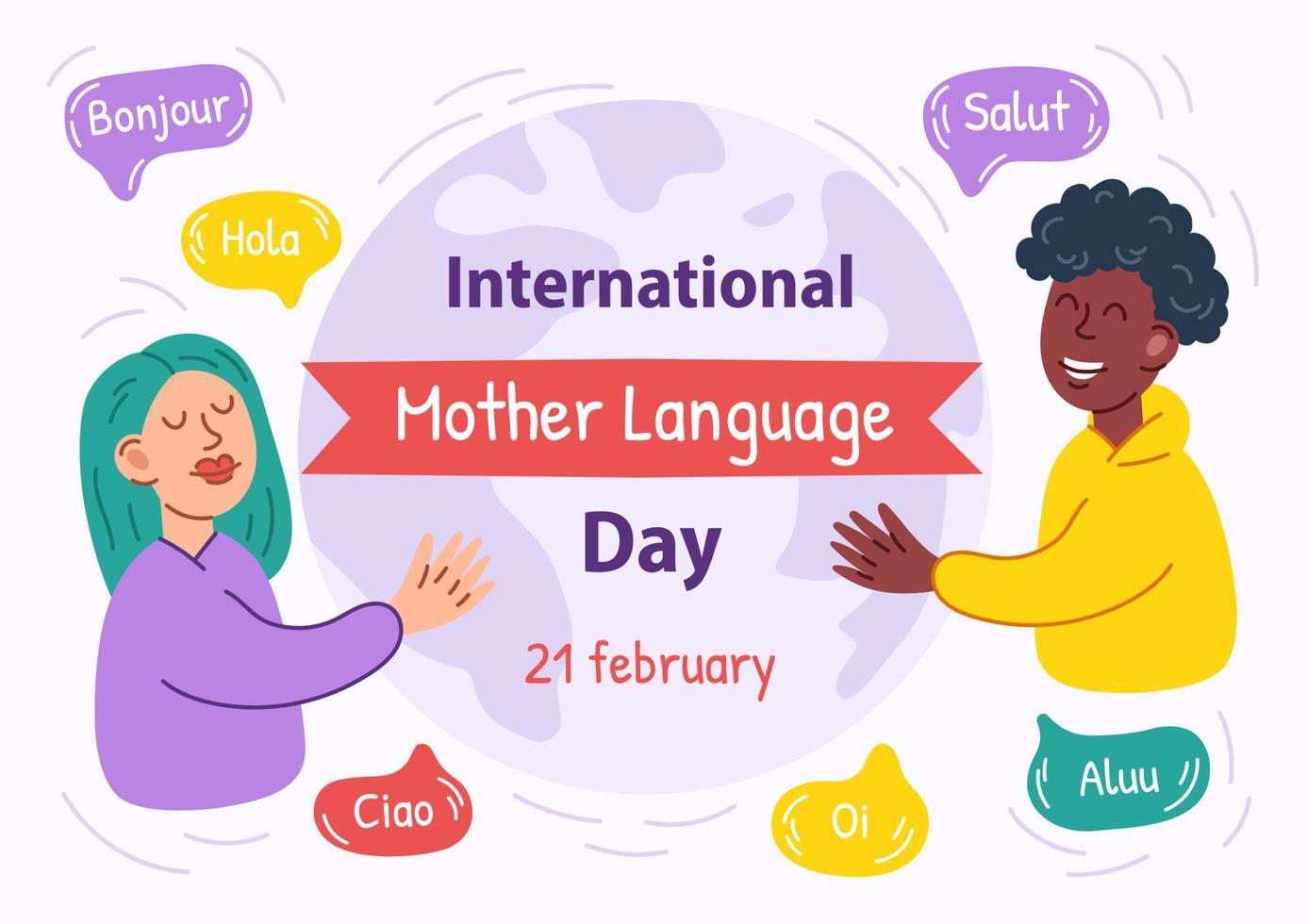 International mother language day background. People with different nationalities greet each other. vector