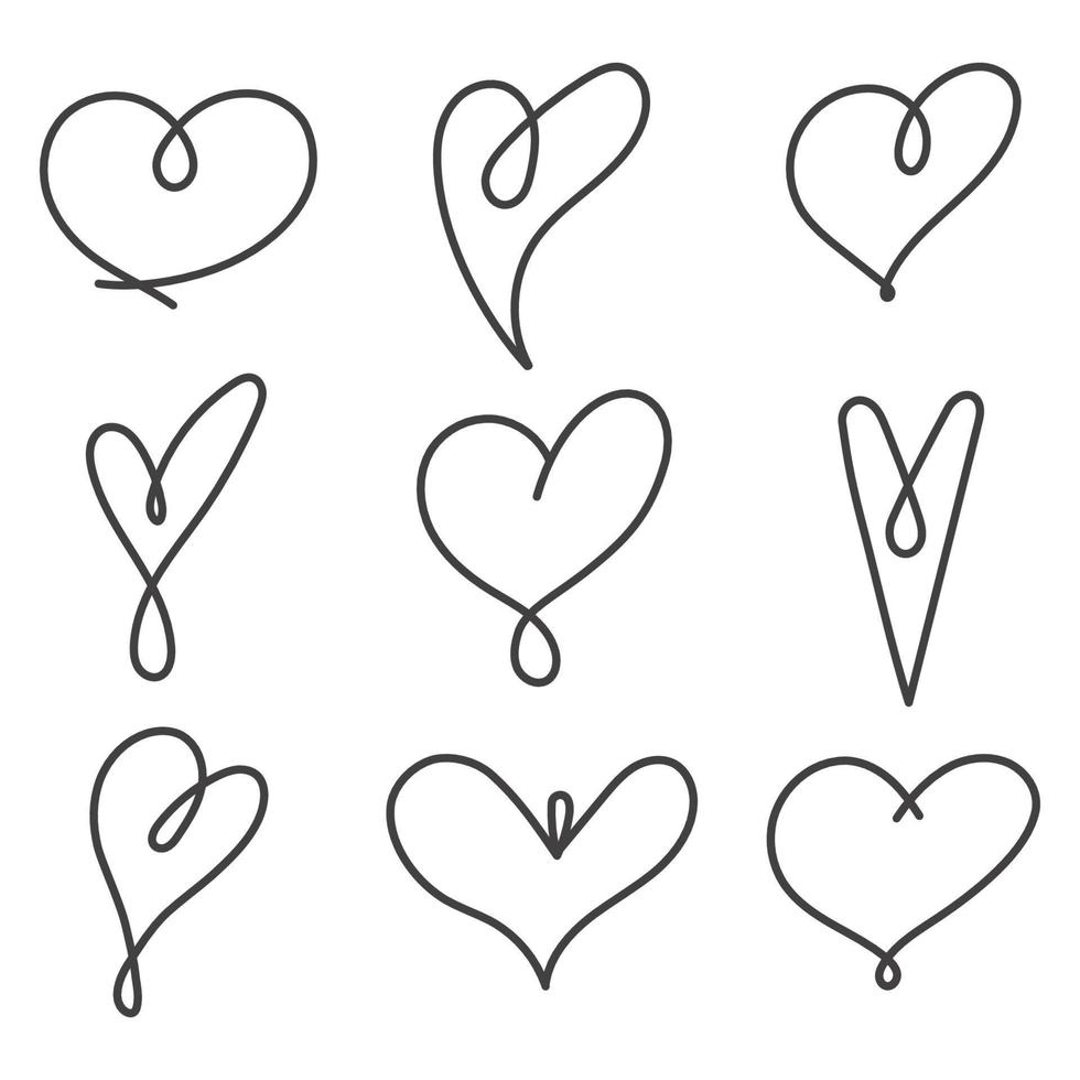 corazones de dibujo de una línea. conjunto de corazones de formas de diferencia. corazones dibujados a mano. vector