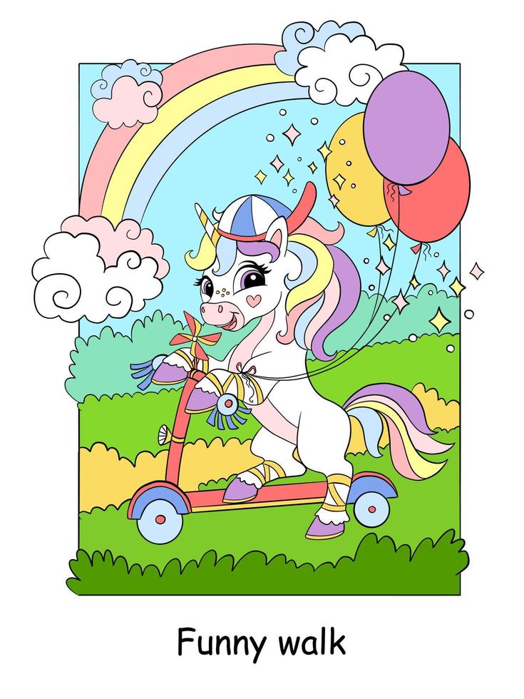 Cute unicorn riding a scooter kids color illustration vector