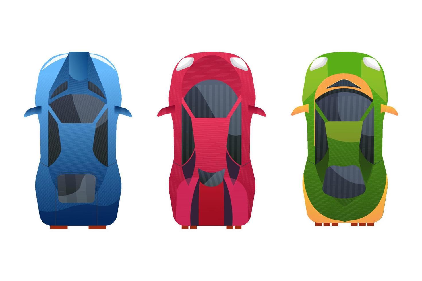 Set race car top view in cartoon style transport with shadows and light isolated on white background. Collection modern urban civilian vehicle. . Vector illustration