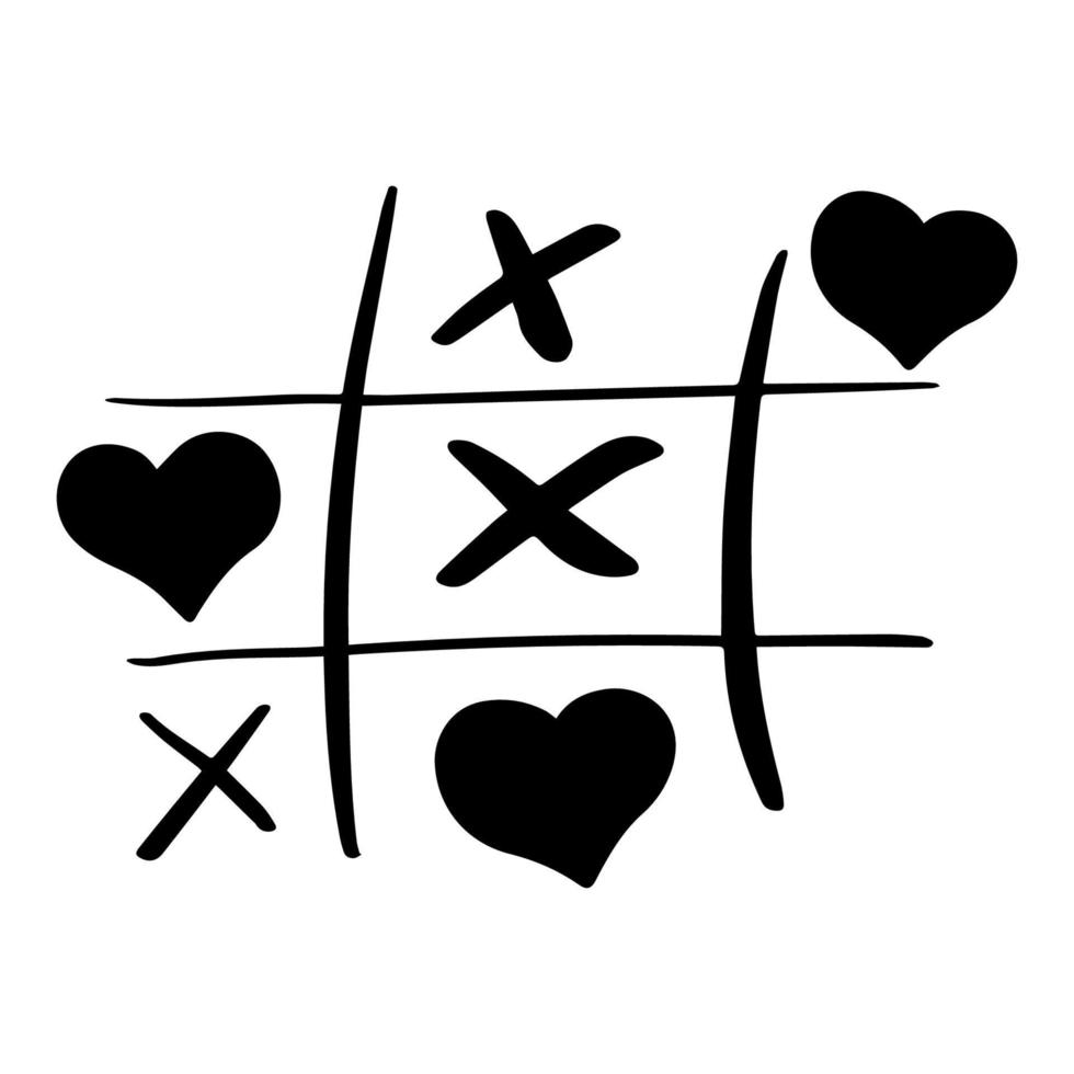 Tic tac toe doodle game with cross and circle sign, cute heart mark isolated on white background. . Vector illustration