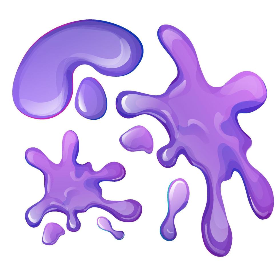 Set glossy purple slime, sticky splat with drops in cartoon style isolated on white background. Vector illustration