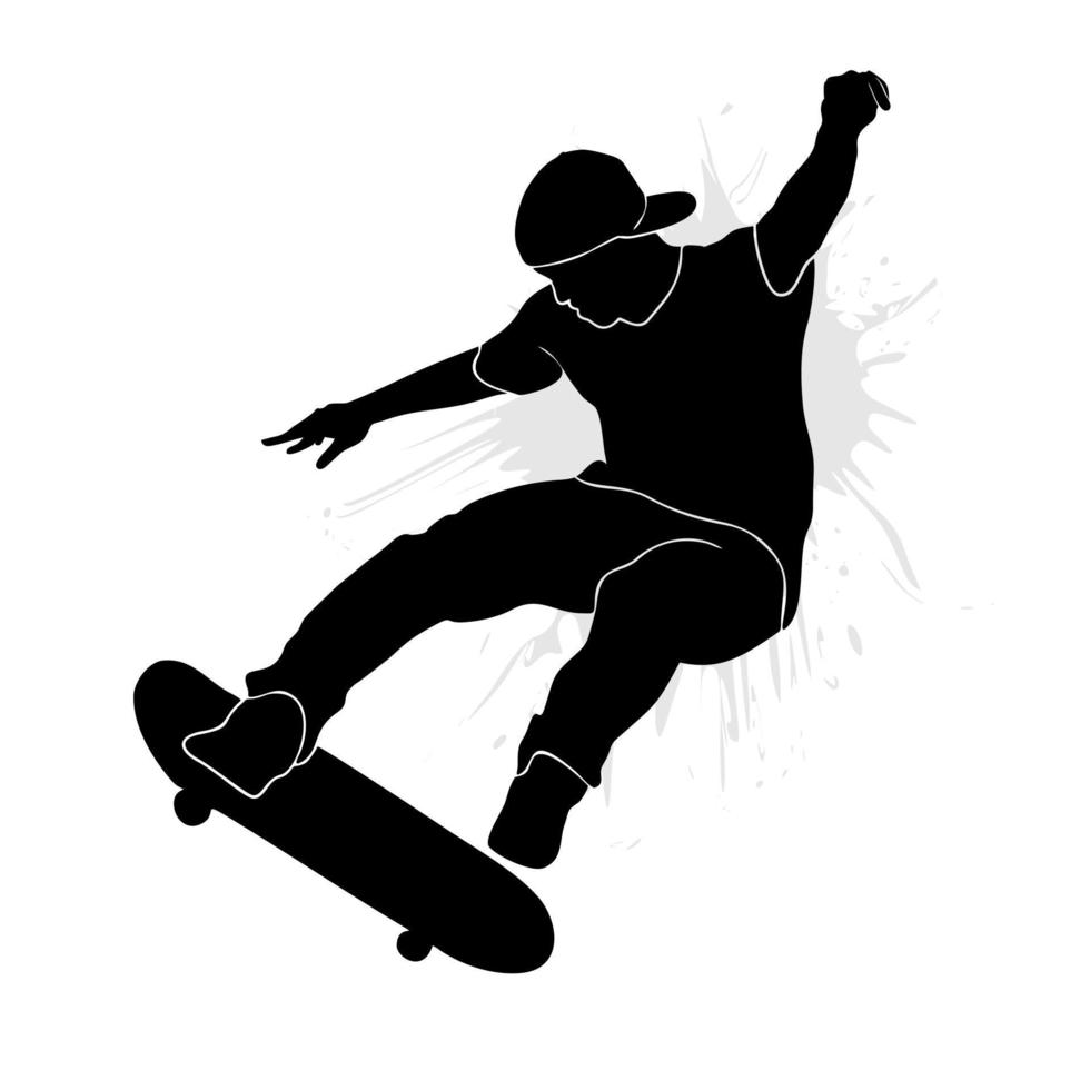 Patinador masculino volador con tablero aislado en fondo blanco vector