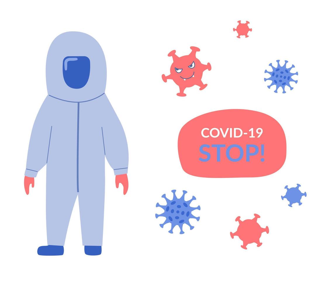 The man is standing in protective suit. Banner on the topic of the epidemic, coronavirus, and biological protection. Vector illustration in flat style.