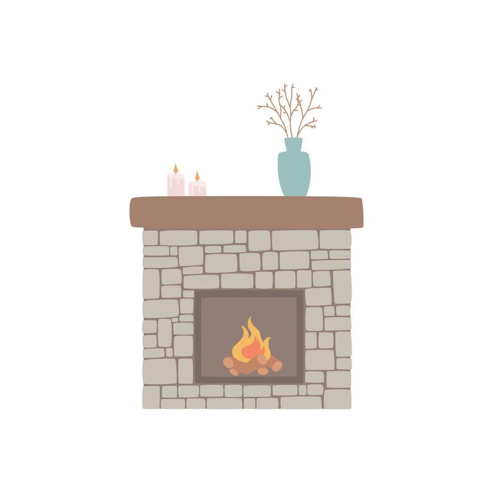 Classic fireplace made of natural stone and bright burning flame. Comfortable, cozy, warm, home fireplace. Warm winter Christmas fire interior. Vector hand-drawn illustration.