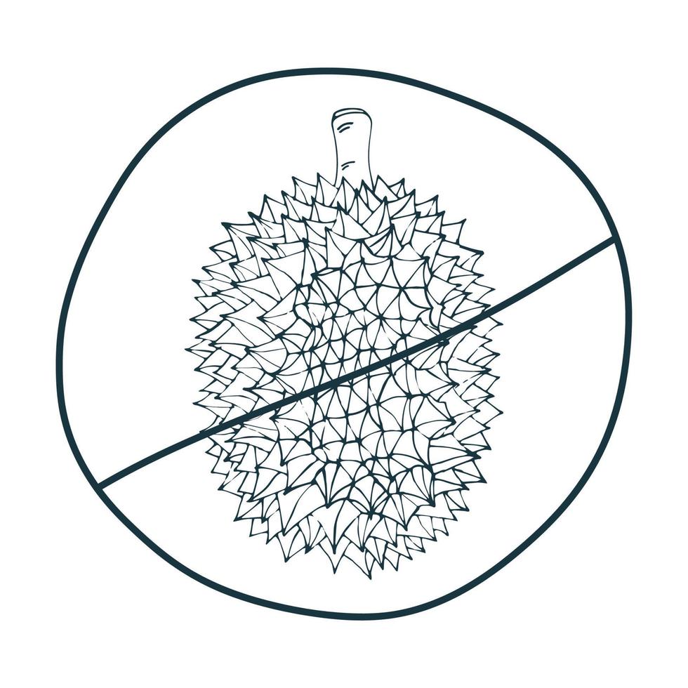 Black and white durian isolated on white background, prohibition sign. Vector hand-drawn illustration.