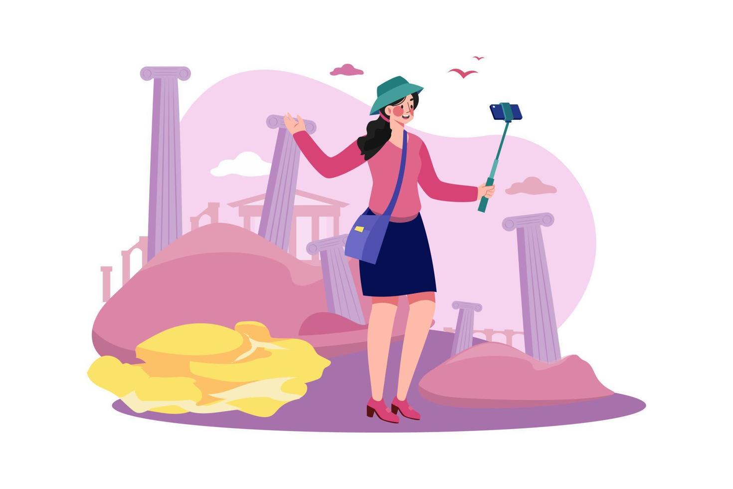 Lady In Tourist Outfit Taking A Selfie vector