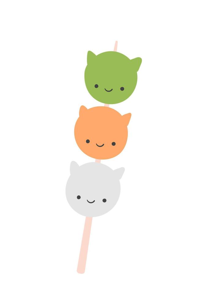 postre tradicional japonés dango en forma de gato aislado en blanco. postre hanami dango con 3 colores vector