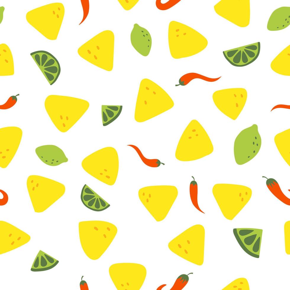 Vector seamless pattern of traditional Mexican food. National street fast food. Nachos, chili pepper and lime