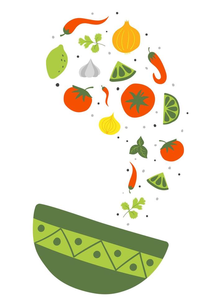 Fresh raw ingredients for mexican tomato sauce salsa fall into the bowl. Flat vector illustration