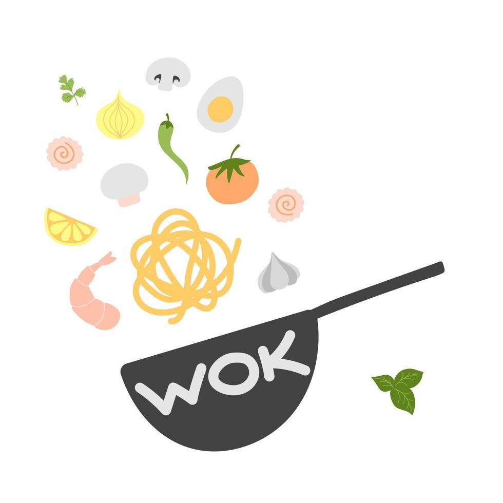 Ingredients for Wok pan. vector doodle flat asian wok symbols set. Flying vegetables with seafood for menu design.