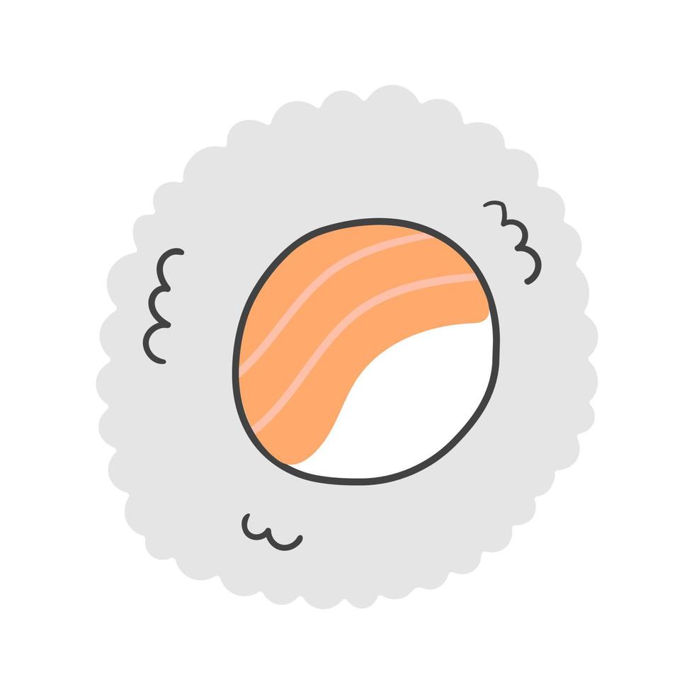 un rollo de sushi con salmón en estilo plano de garabato de dibujos animados. ilustración vectorial de comida japonesa. vector