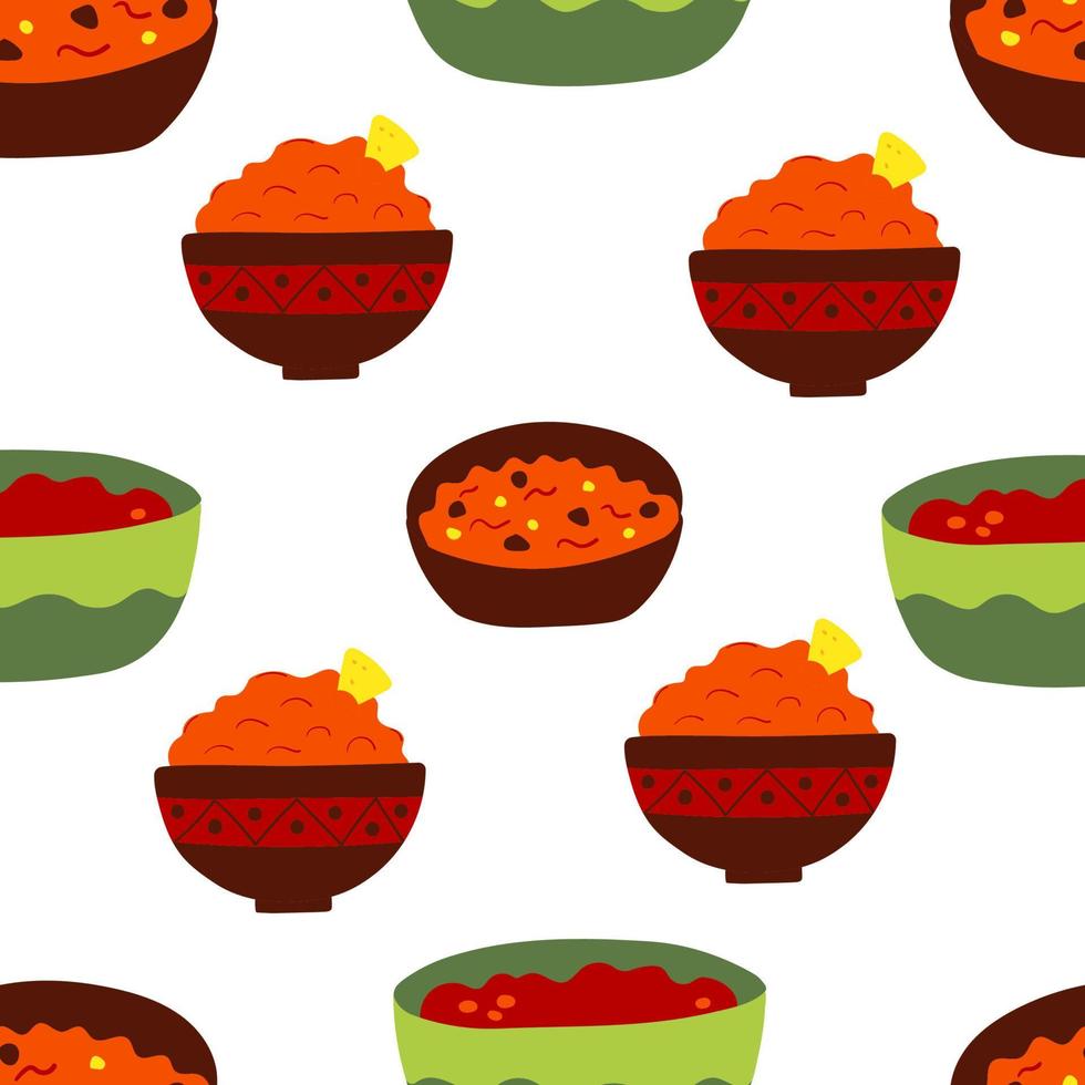 Seamless pattern with Mexican food Chili Con Carne, Salsa sauce illustration. Flat doodle cartoon illustration vector