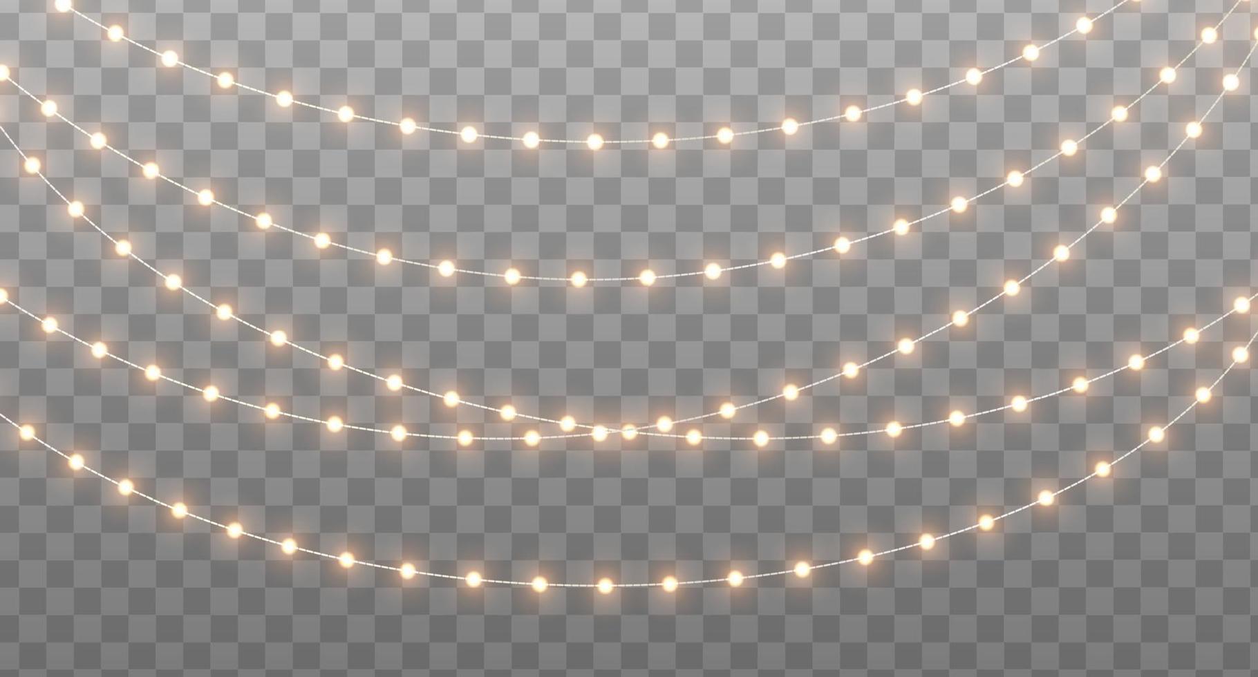 Christmas garland isolated on transparent background. Glowing yelllow light bulbs. vector