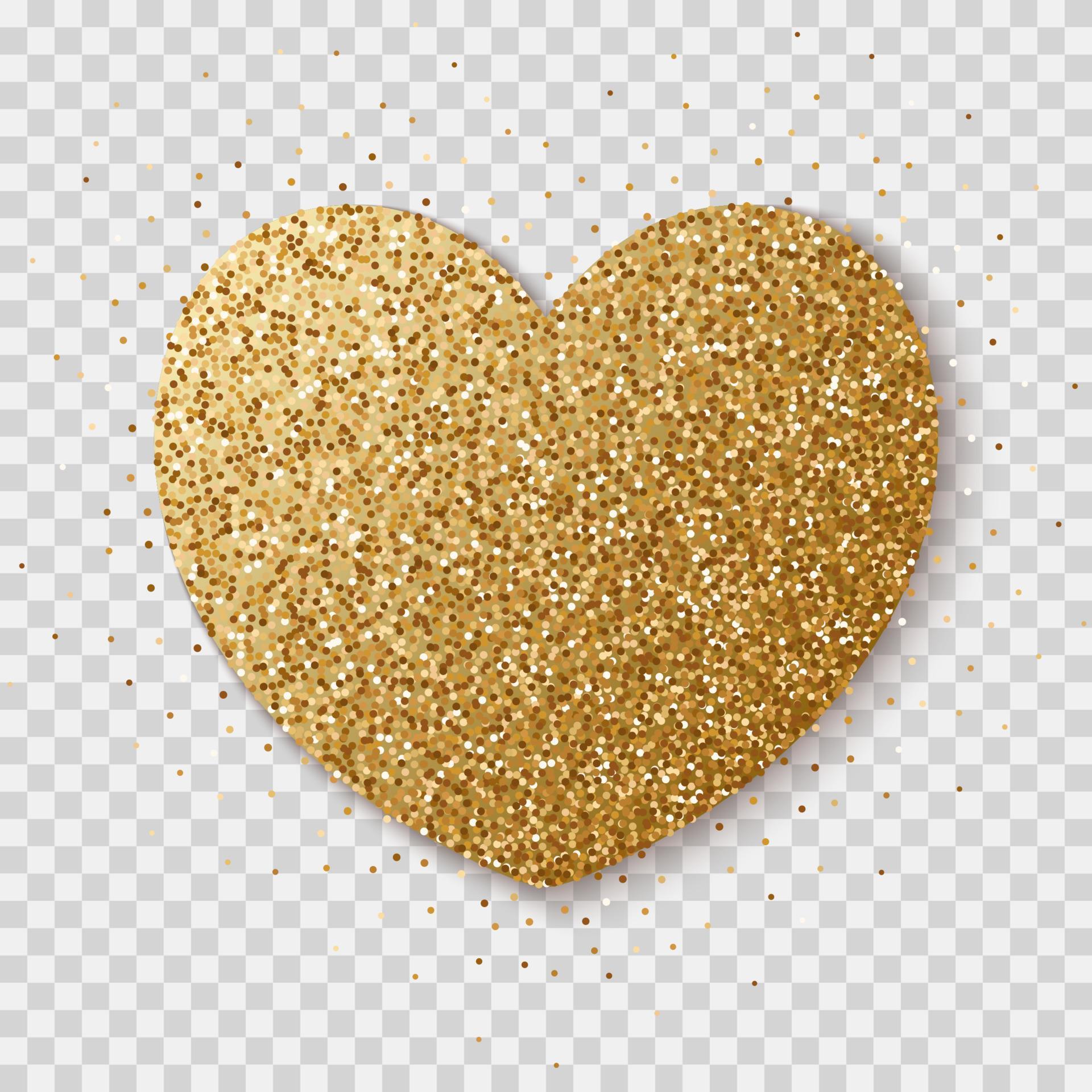 Gold glitter heart isolated on a transparent background. Bright glowing