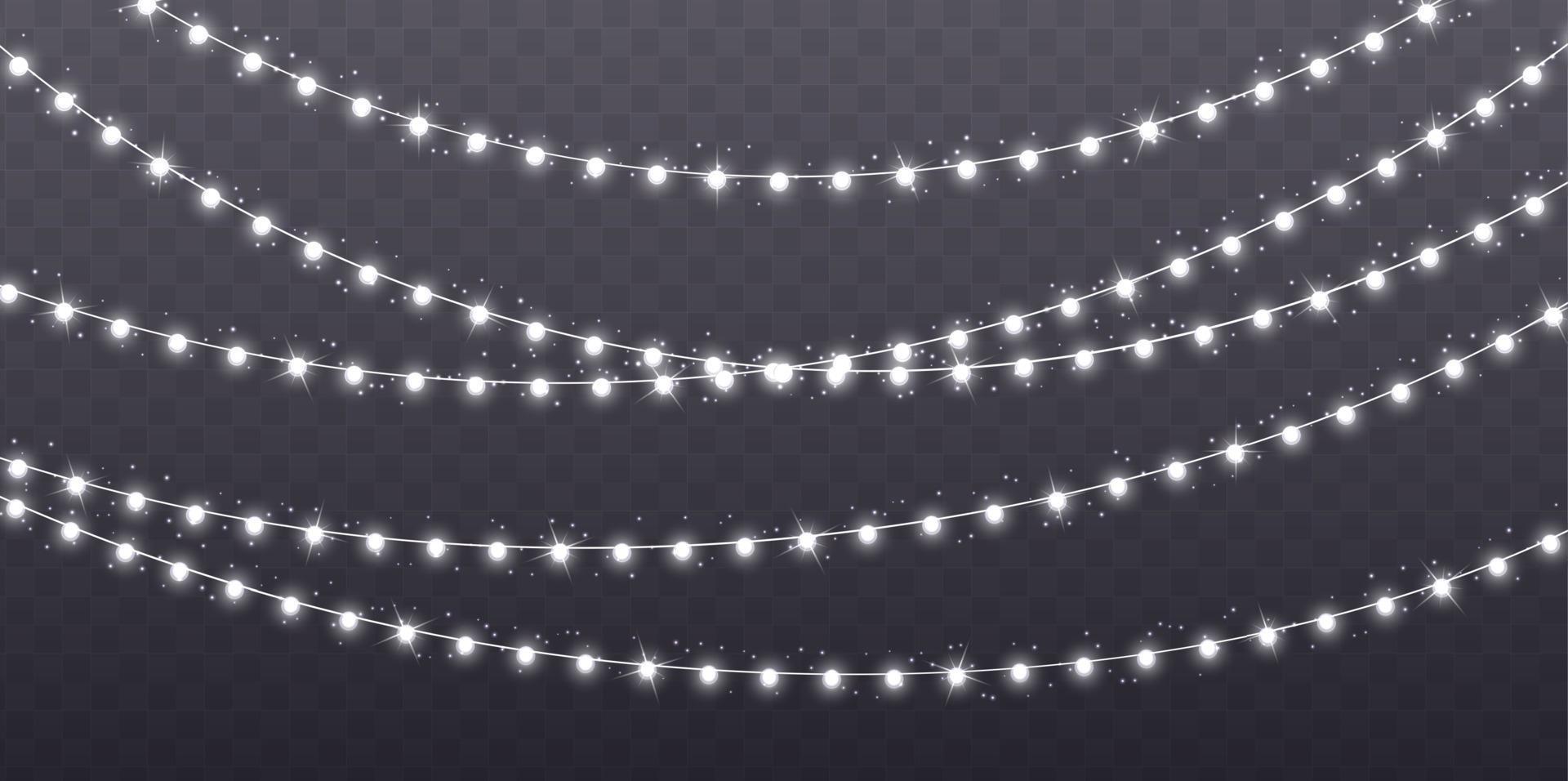 Christmas garland isolated on transparent background. Glowing white light bulbs. vector