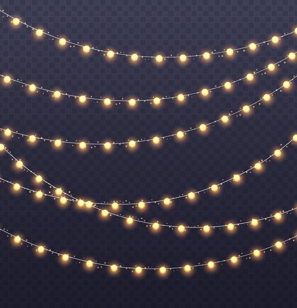 Christmas garland isolated on transparent background. Glowing yelllow light bulbs. vector