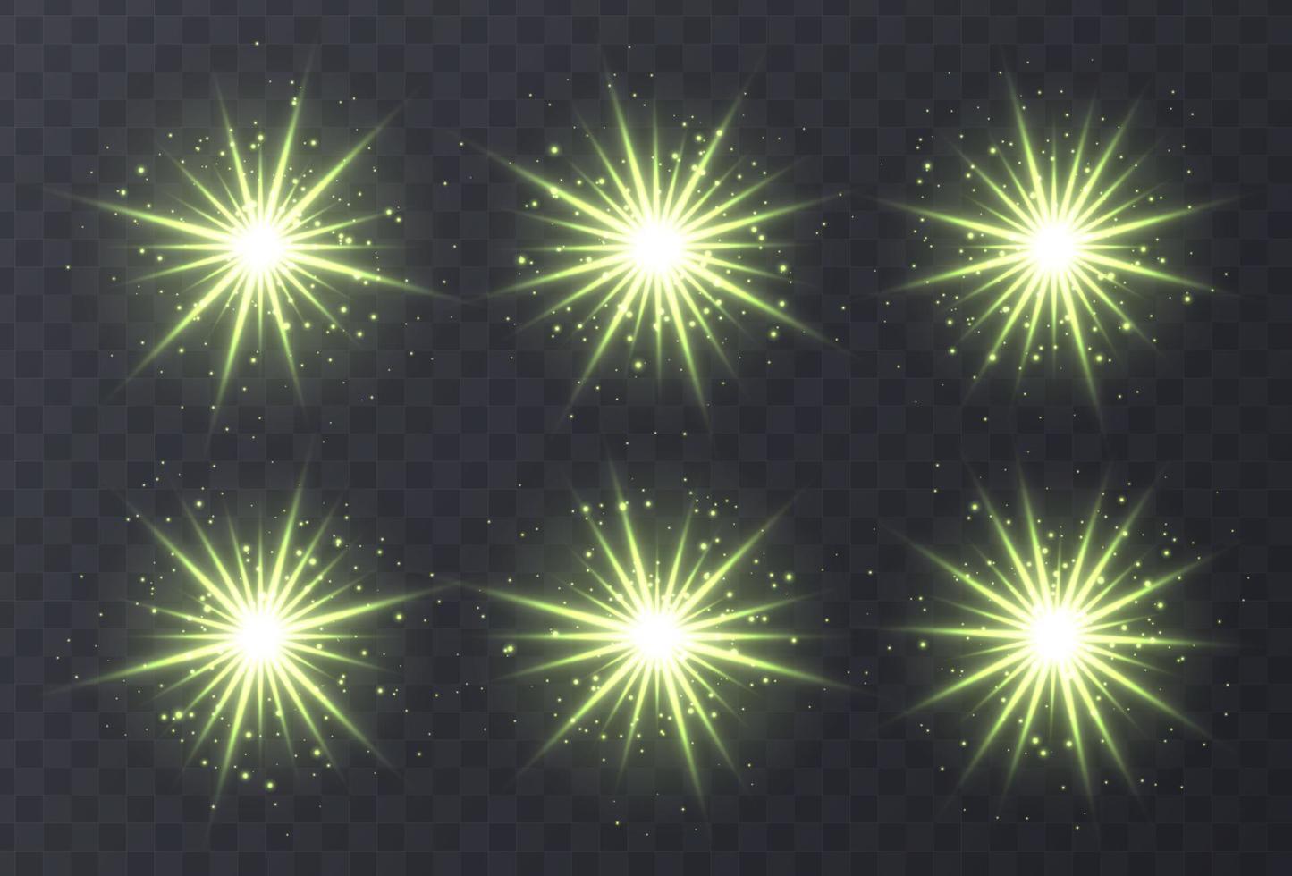 bengalas de luz conjunto aislado sobre fondo transparente. bengalas de lentes verdes, bokeh, destellos, colección de estrellas brillantes. vector