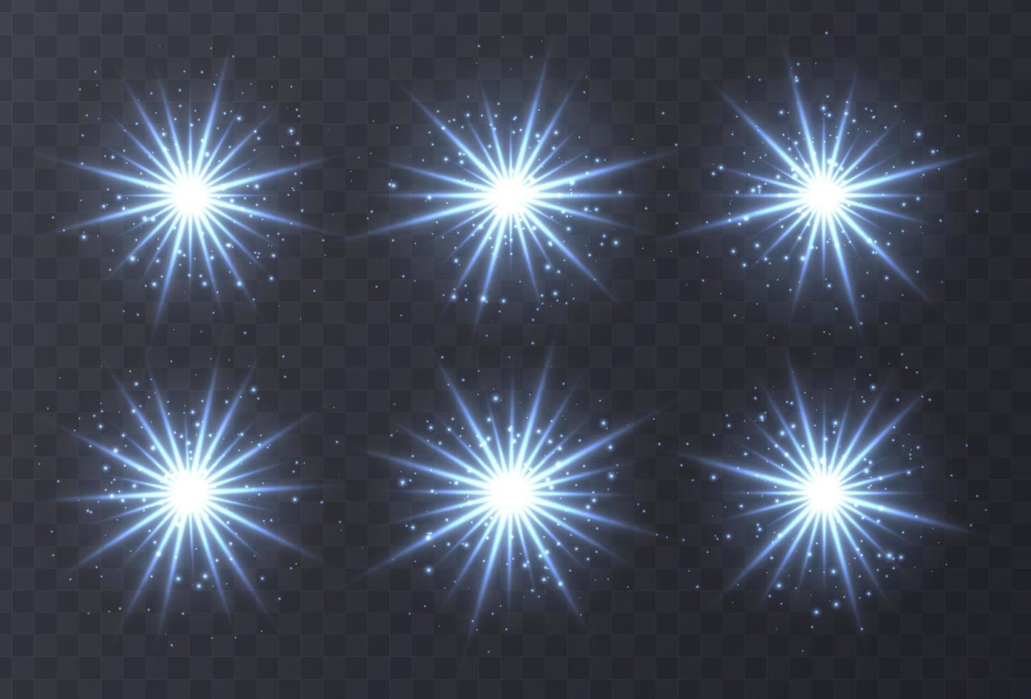 bengalas de luz conjunto aislado sobre fondo transparente. bengalas de lentes azules, bokeh, destellos, colección de estrellas brillantes. vector