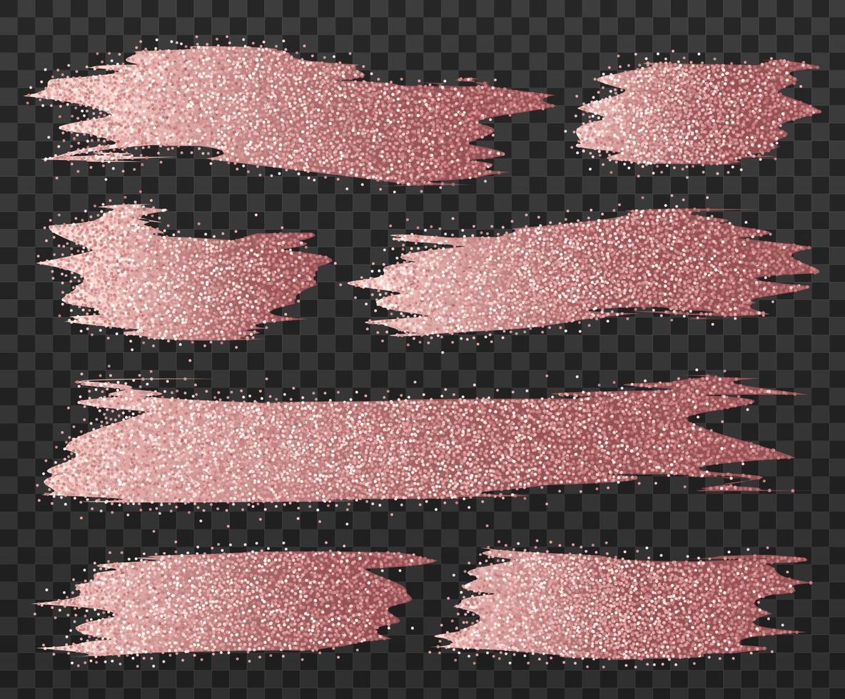 Rose gold glitter brush strokes set. Bright glowing festive sequins and sparkles. vector