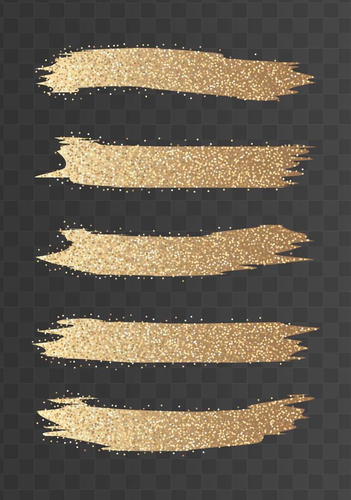 Gold glitter brush strokes set. Bright glowing festive sequins and sparkles. vector