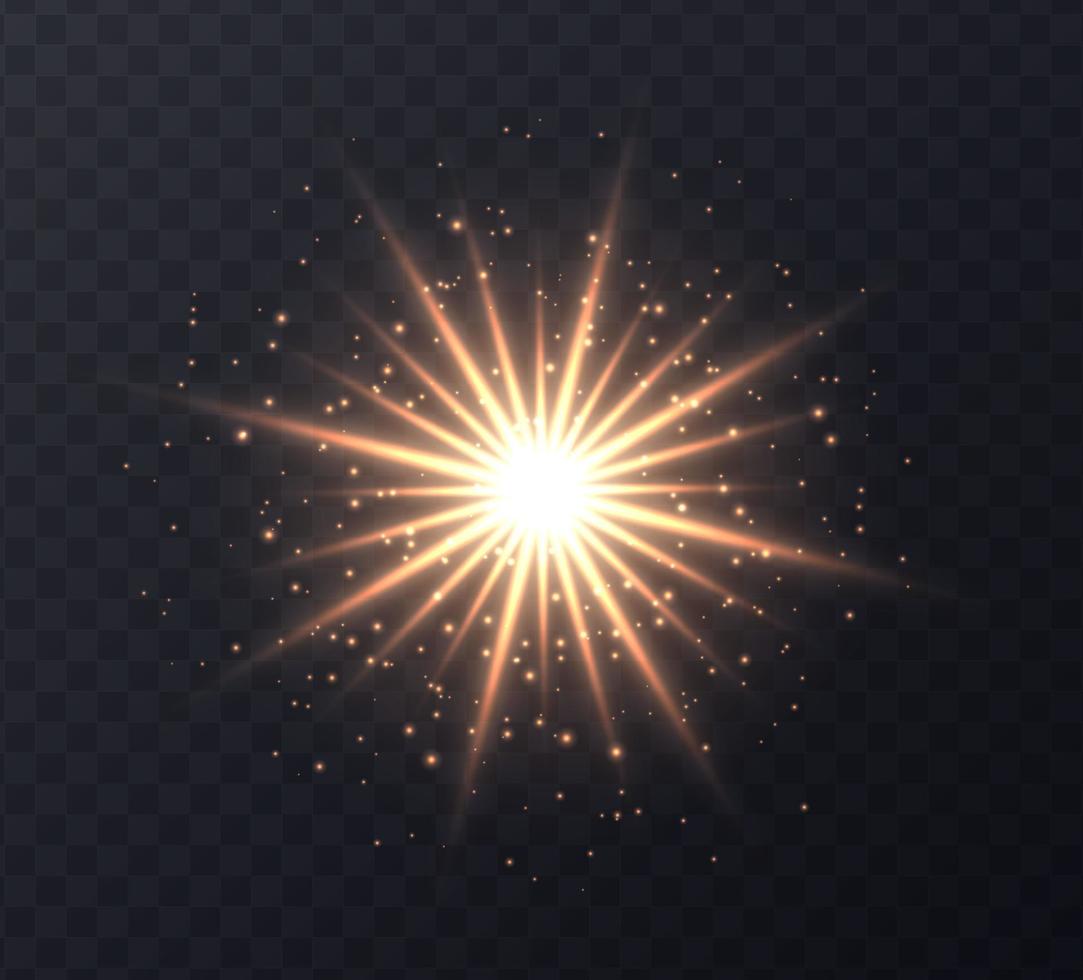 Shining sun flare with stars and sparkles isolated on dark transparent background. vector