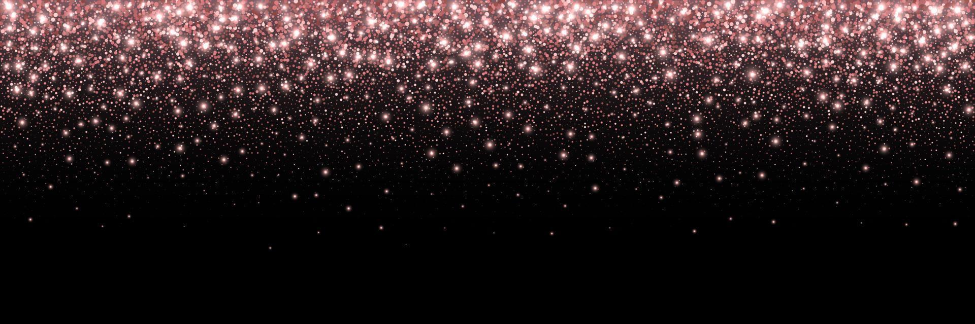 Rose gold glitter partickles isolated on black background. Falling sparkling confetti. vector