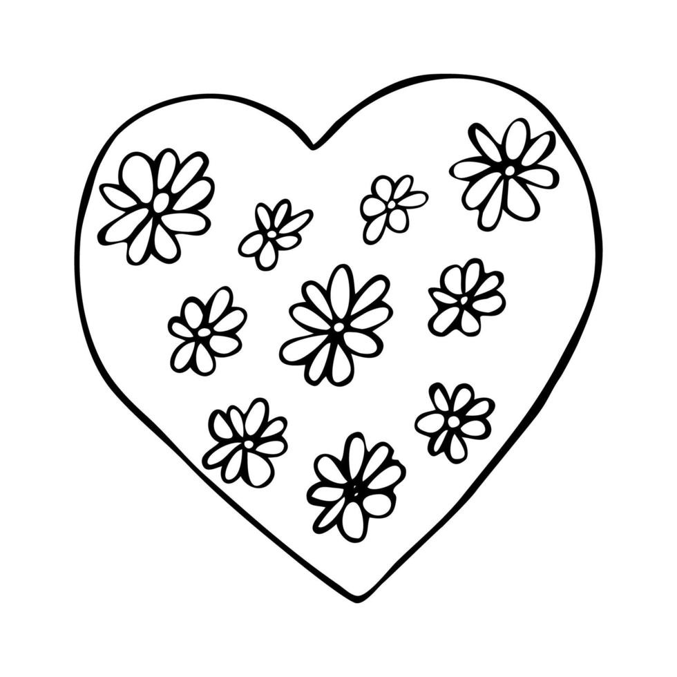 Vector doodle heart with floral pattern. Isolated coloring page with flower in heart