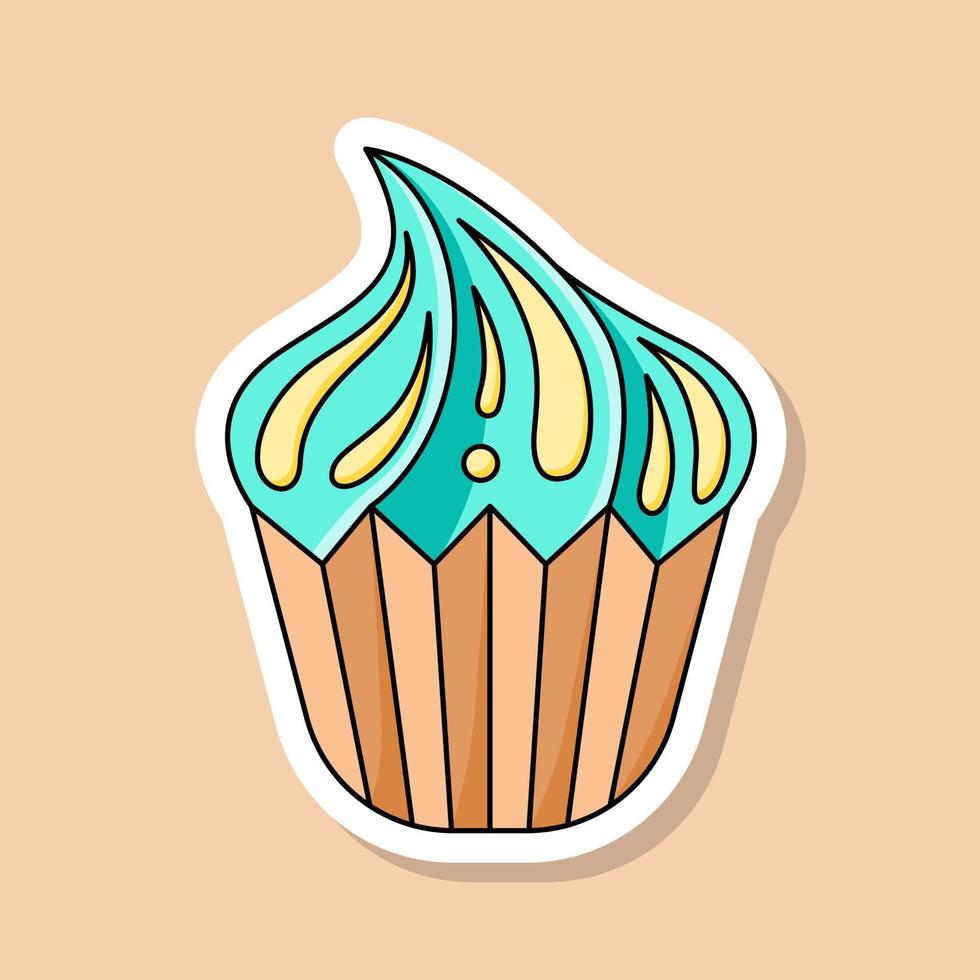 Vector cartoon cupcake sticker. Isolated sweet dessert with blue and yellow cream