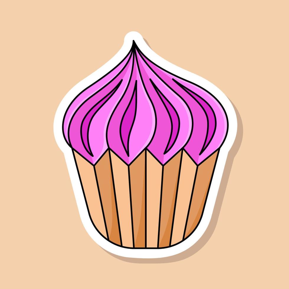 Vector cartoon cupcake sticker. Isolated sweet dessert with pink butter cream