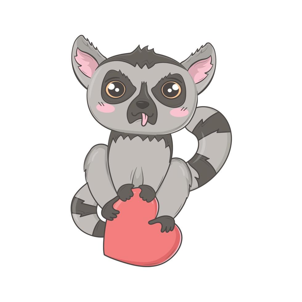 Funny doodle lemur sits on top of a big heart like on a branch vector