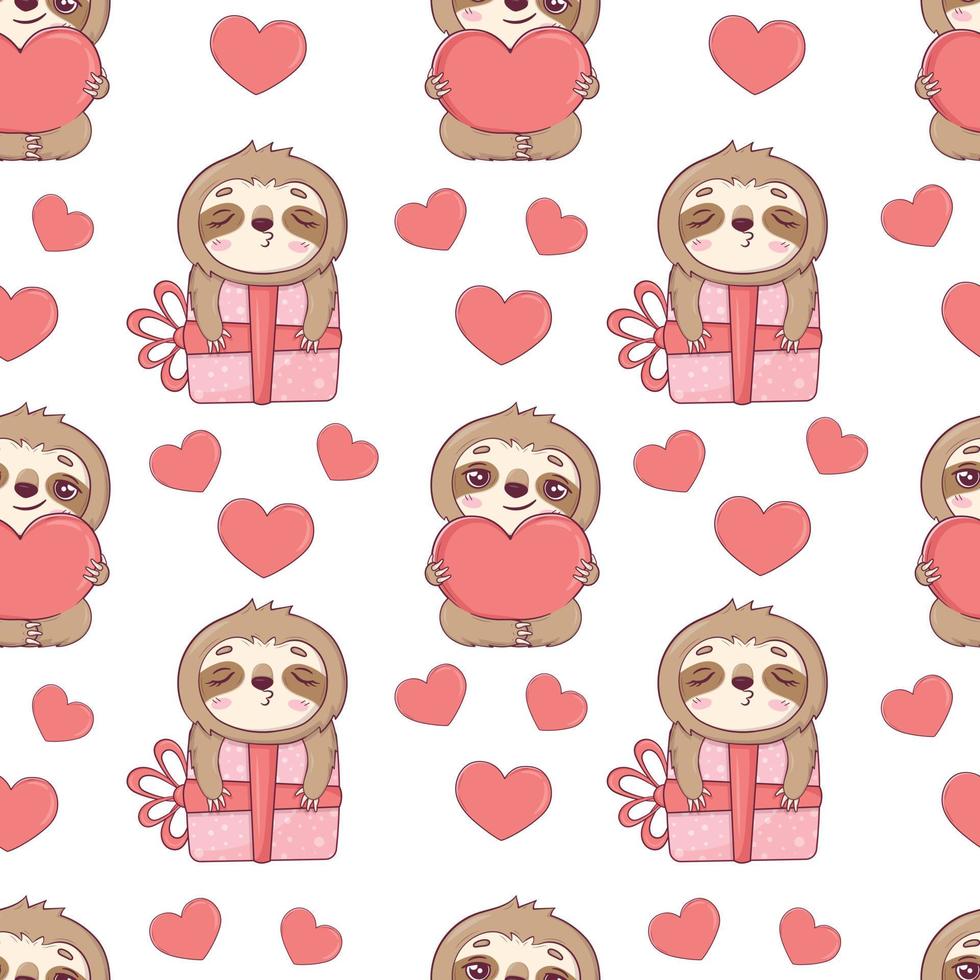 Seamless pattern with cute sloths for Valentine's Day in cartoon style for kids, children's books and games, print. vector