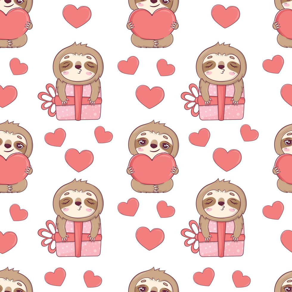 Seamless pattern with cute sloths for Valentine's Day in cartoon style for kids, children's books and games, print. vector