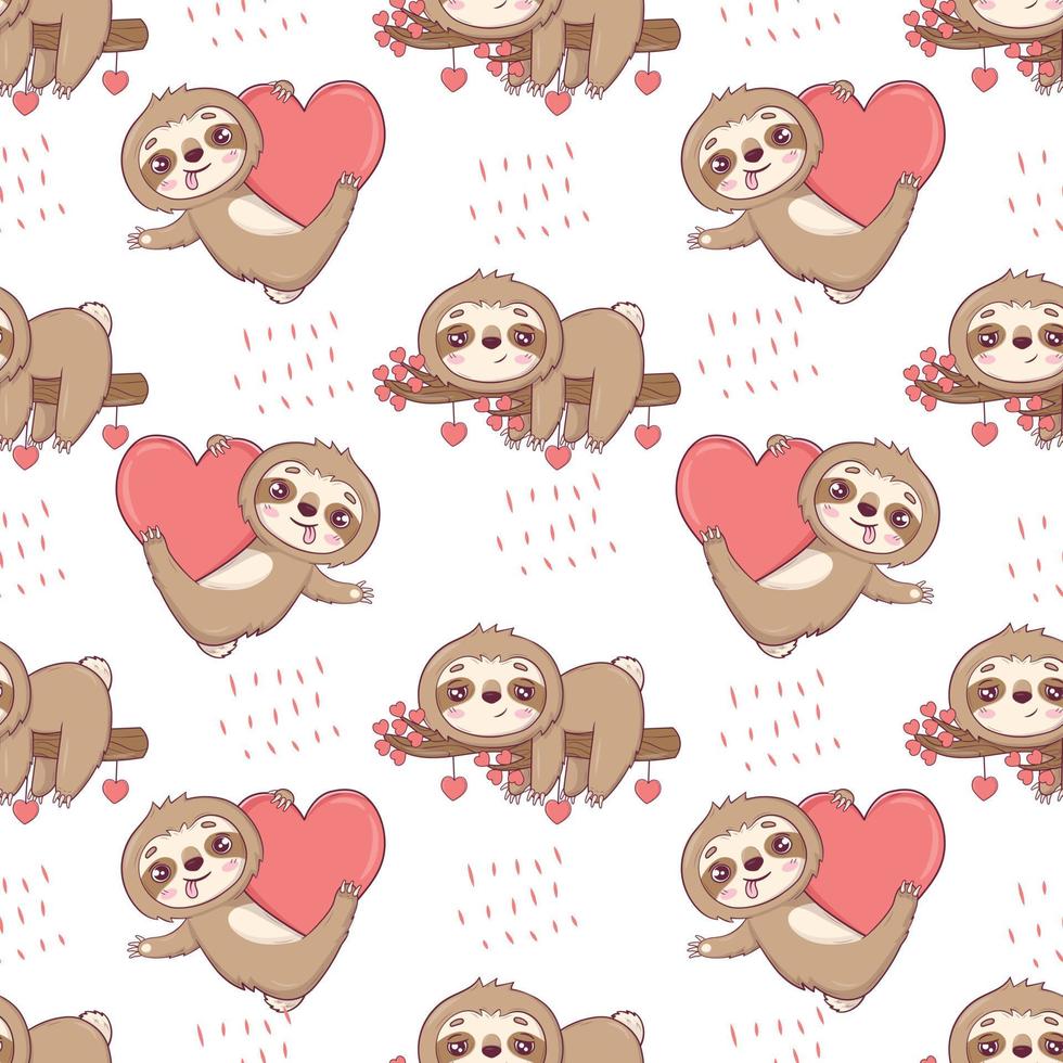 Seamless pattern with cute sloths for Valentine's Day in cartoon style for kids, children's books and games, print. vector