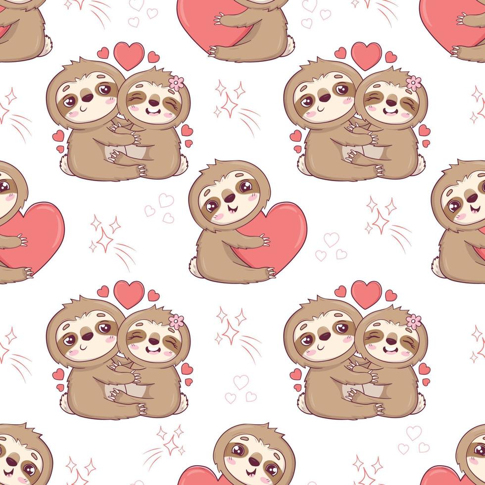 Seamless pattern with cute sloths for Valentine's Day in cartoon style for kids, children's books and games, print. vector