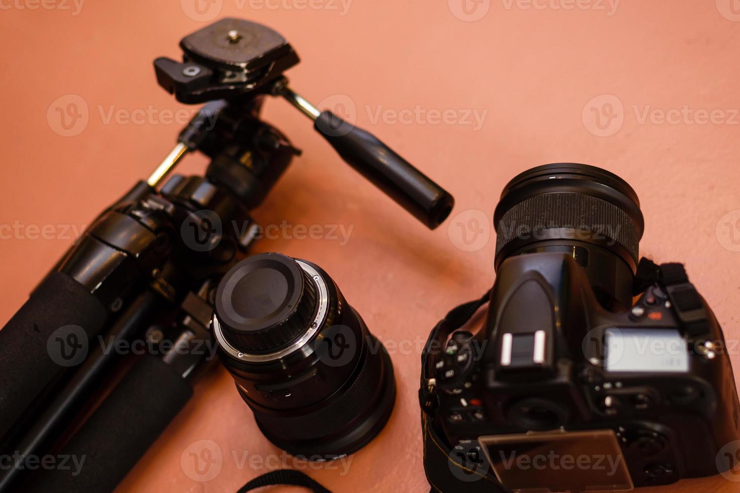 Top view of work space photographer with mirrorless camera system camera photo