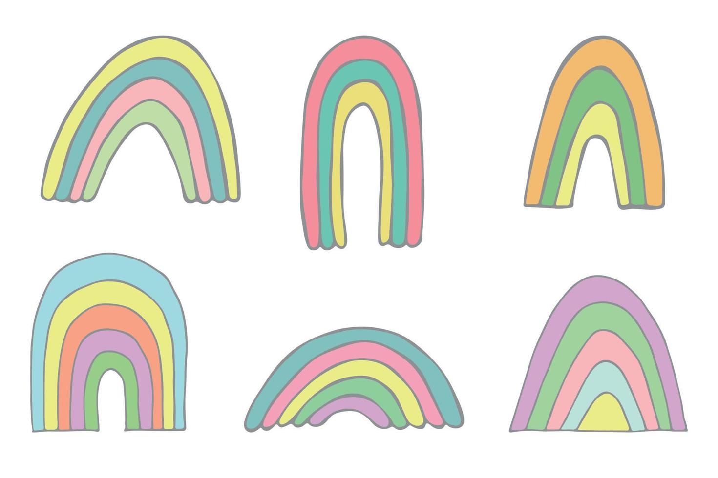 Hand drawn pastel rainbow set. Decorative elements for greeting card, kids and baby clothes print vector