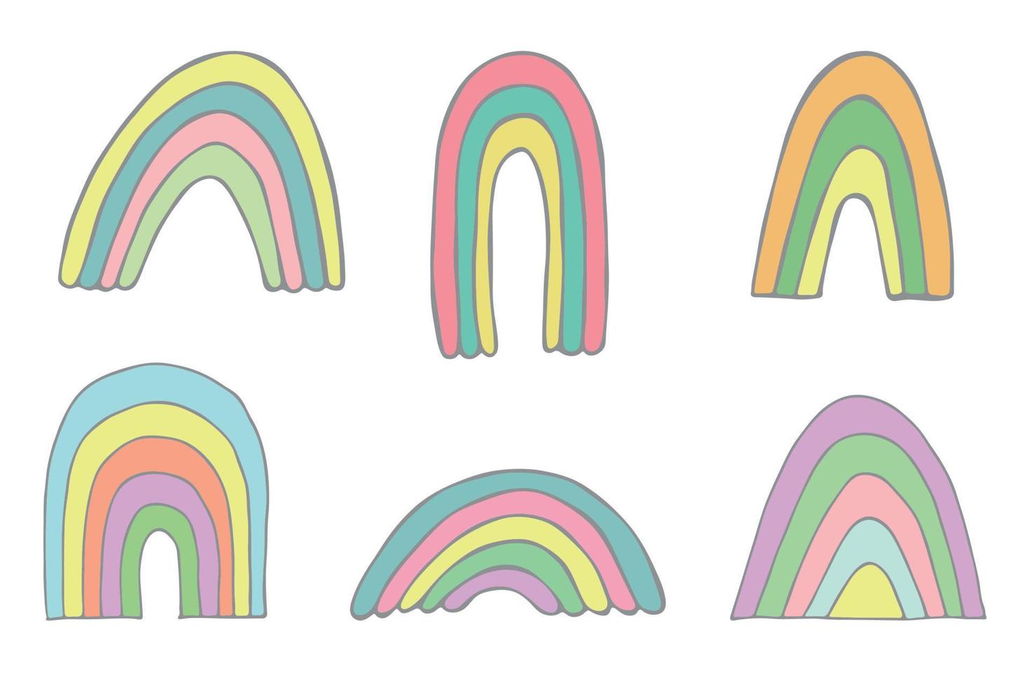 conjunto de arco iris pastel dibujado a mano. elementos decorativos para la impresión de tarjetas de felicitación, niños y ropa de bebé vector