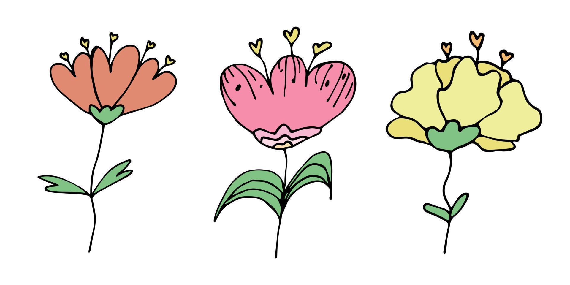 imágenes prediseñadas de flores simples. conjunto de garabatos florales dibujados a mano. para impresión, web, diseño, decoración, logotipo vector