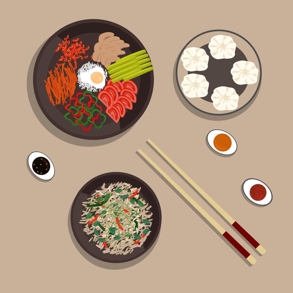 Chinese national cuisine, dumplings, rice with vegetables and vegetable cuts. Vector illustration.