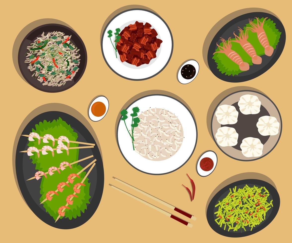 Chinese national cuisine, fried meat, octopus, dumplings, rice with vegetables, shrimp on a stick, bamboo worms and fried beans vector