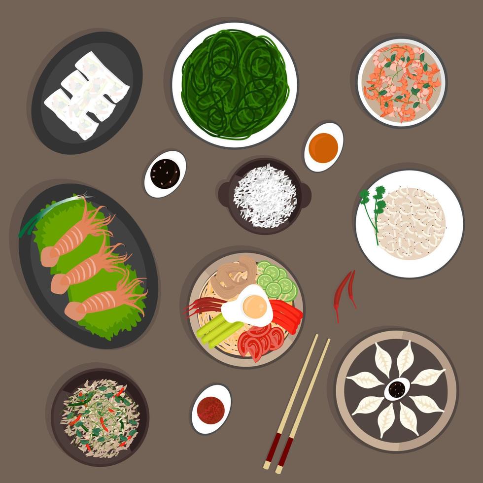 Chinese national cuisine, pancakes, sea kale, dumplings, rice with vegetables, noodles, fried octopus and shrimp. vector