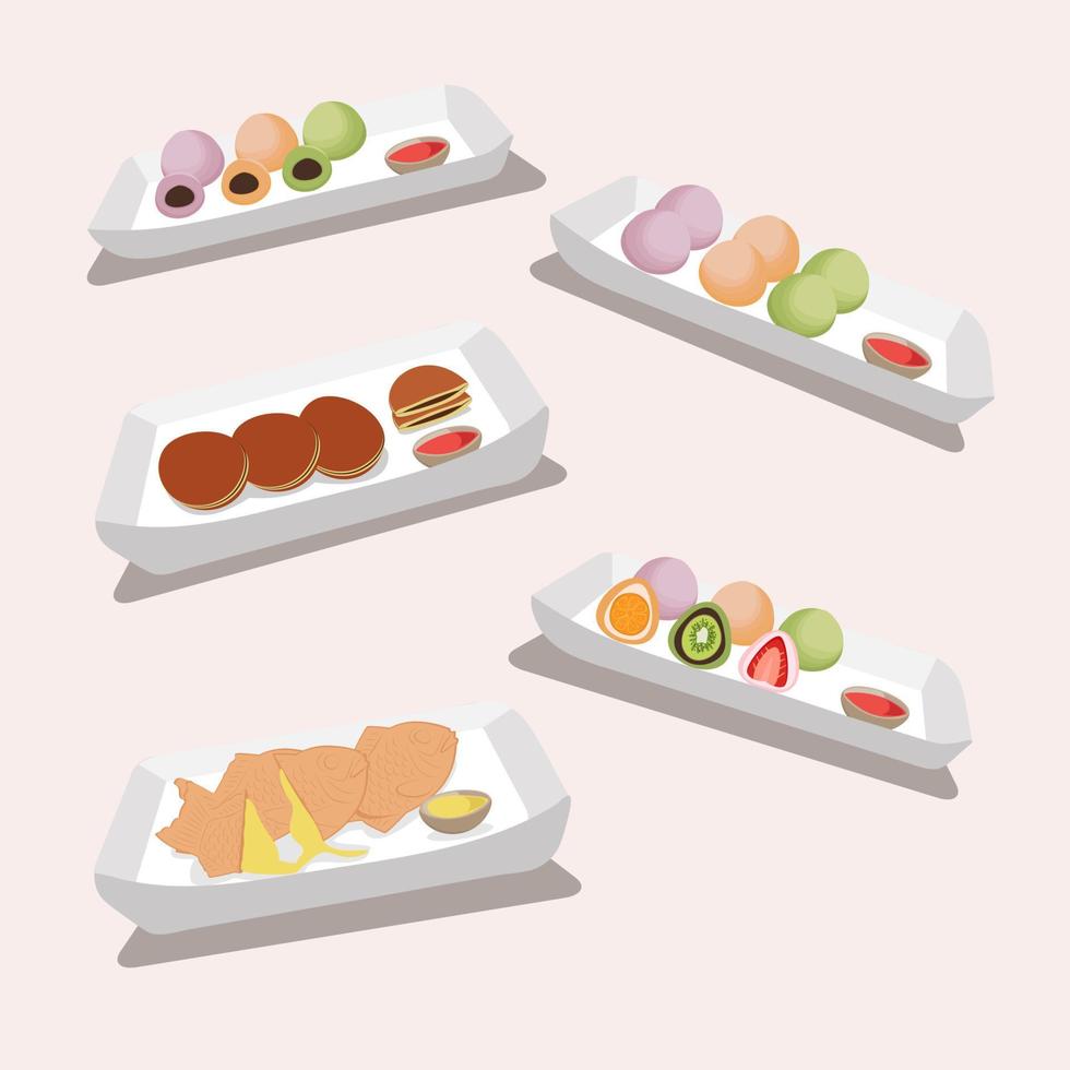 Food of Japanese national cuisine. Japanese Desserts mochi, tayaki and dorayaki. Vector illustration.