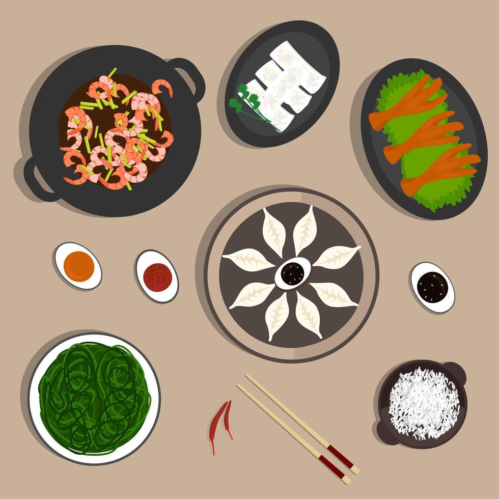 Chinese national cuisine vector illustration, pancakes with vegetables and chicken legs, fried shrimp, dumplings, sea kale and rice